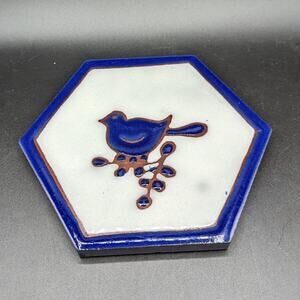 Vintage Art Tile Trivet Cobolt Blue Bird Hexagon Pottery Texeramics Boho Retro